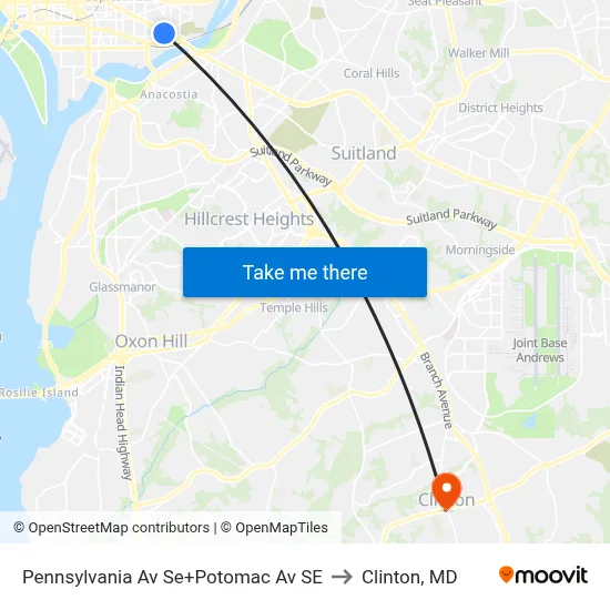 Pennsylvania Av Se+Potomac Av SE to Clinton, MD map