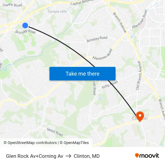 Glen Rock Av+Corning Av to Clinton, MD map