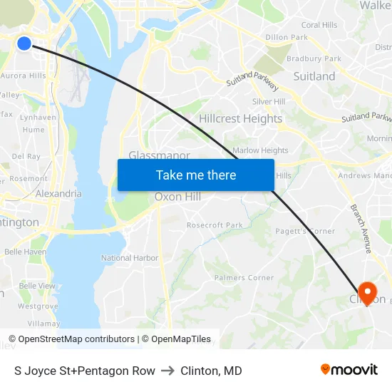 S Joyce St+Pentagon Row to Clinton, MD map