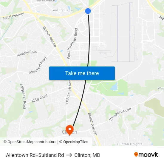 Allentown Rd+Suitland Rd to Clinton, MD map