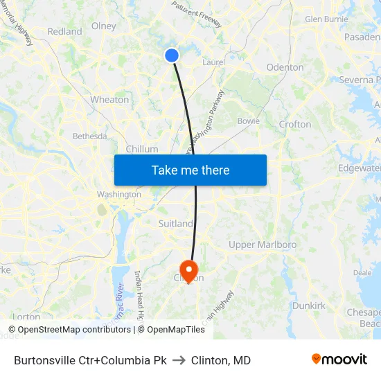 Burtonsville Ctr+Columbia Pk to Clinton, MD map