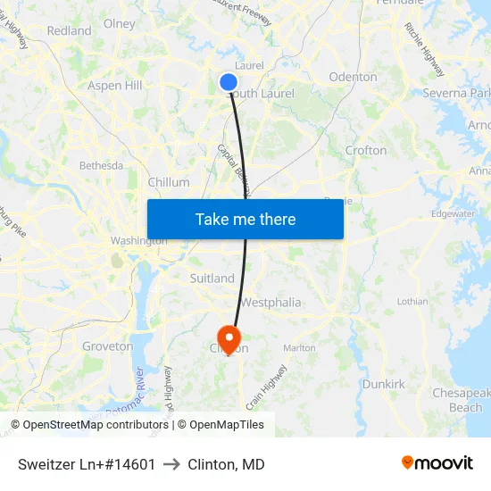 Sweitzer Ln+#14601 to Clinton, MD map