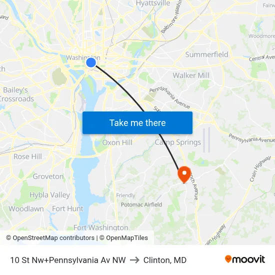 10 St Nw+Pennsylvania Av NW to Clinton, MD map