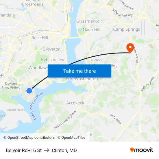 Belvoir Rd+16 St to Clinton, MD map
