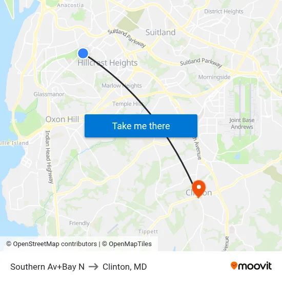 Southern Av+Bay N to Clinton, MD map