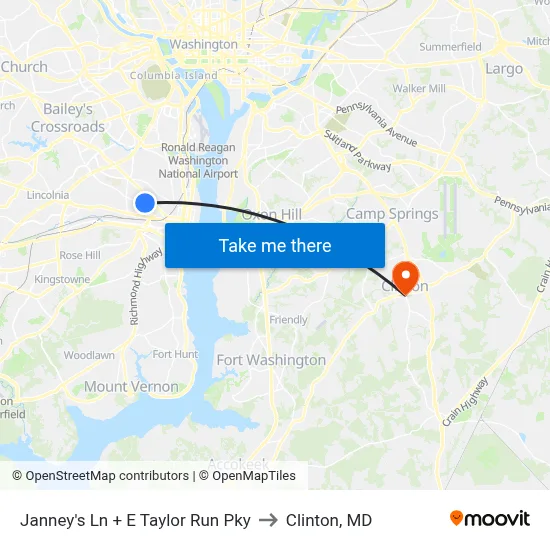 Janney's Ln + E Taylor Run Pky to Clinton, MD map