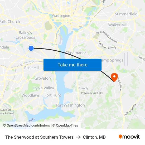 The Sherwood at Southern Towers to Clinton, MD map