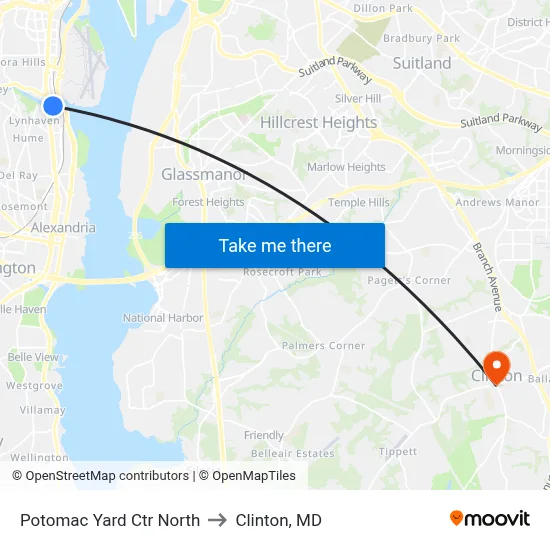 Potomac Yard Ctr North to Clinton, MD map