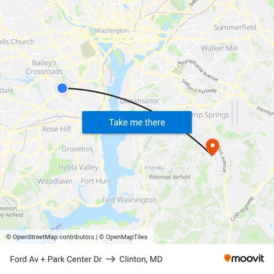 Ford Av + Park Center Dr to Clinton, MD map