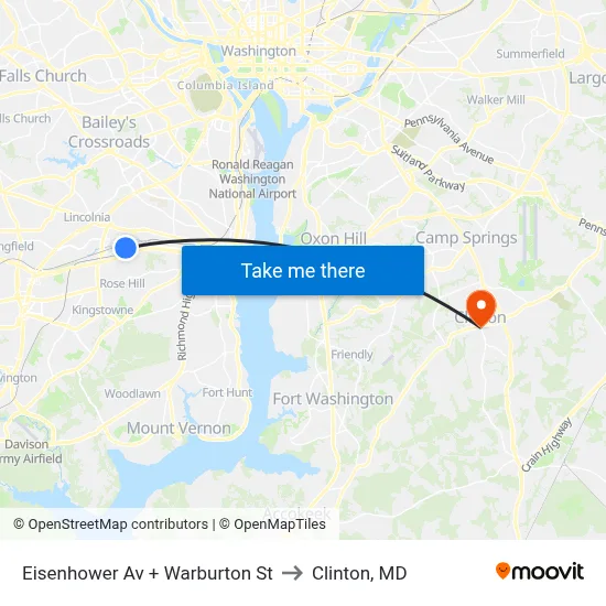 Eisenhower Av + Warburton St to Clinton, MD map