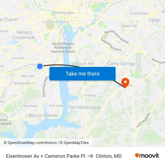 Eisenhower Av + Cameron Parke Pl to Clinton, MD map