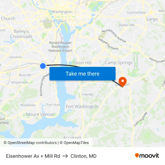 Eisenhower Av + Mill Rd to Clinton, MD map