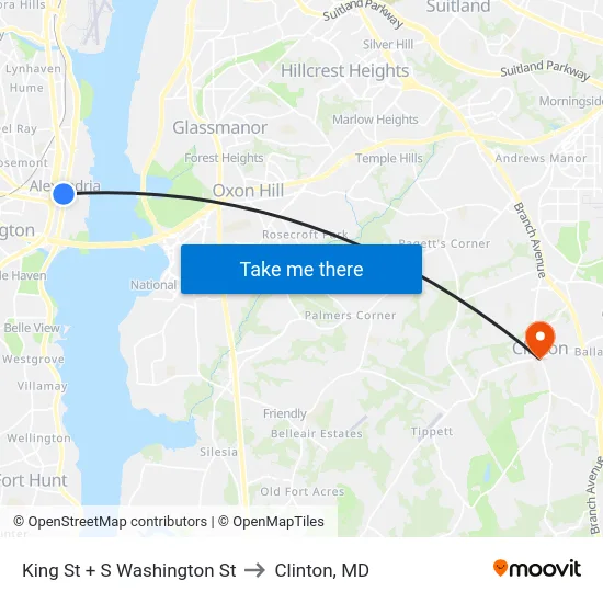 King St + S Washington St to Clinton, MD map