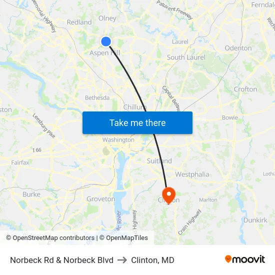 Norbeck Rd & Norbeck Blvd to Clinton, MD map