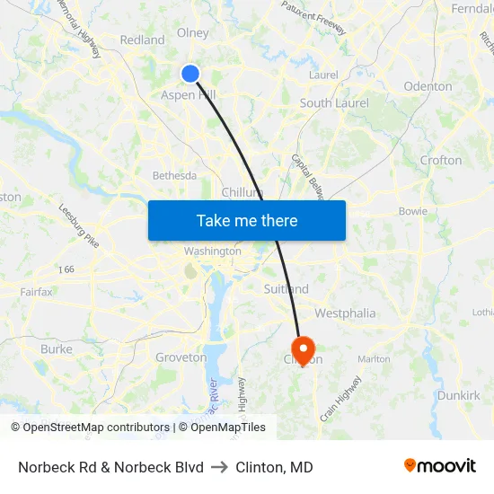 Norbeck Rd & Norbeck Blvd to Clinton, MD map