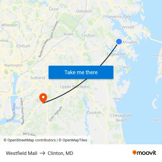 Westfield Mall to Clinton, MD map