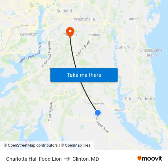 Charlotte Hall Food Lion to Clinton, MD map