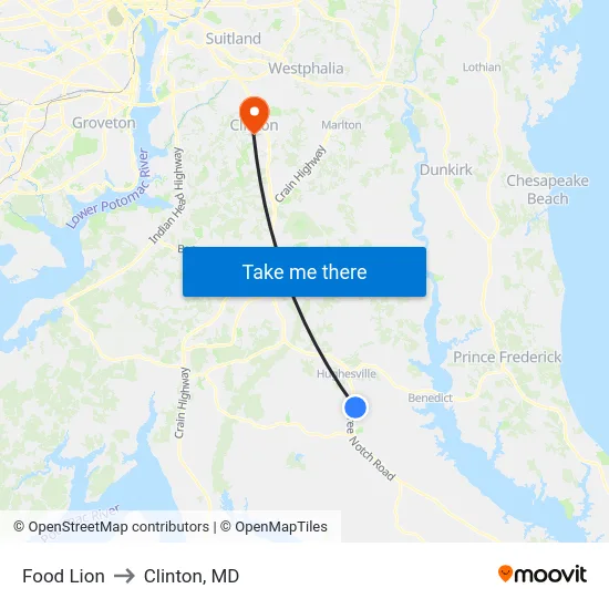 Food Lion to Clinton, MD map