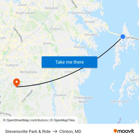 Stevensville Park & Ride to Clinton, MD map