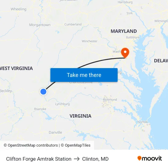 Clifton Forge Amtrak Station to Clinton, MD map