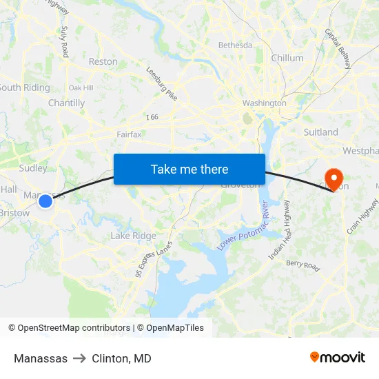 Manassas to Clinton, MD map