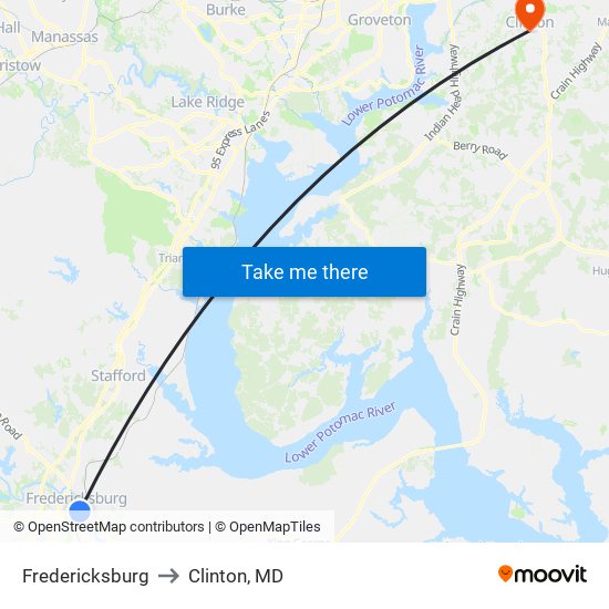 Fredericksburg to Clinton, MD map