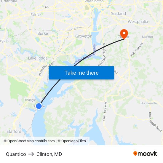 Quantico to Clinton, MD map