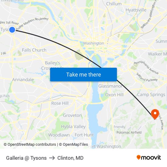 Galleria And Tysons to Clinton, MD map