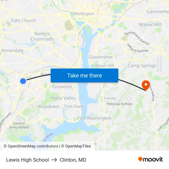 Lewis High School to Clinton, MD map
