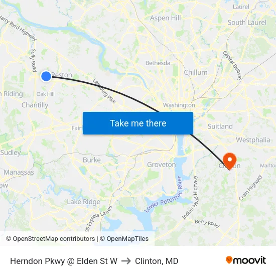Herndon Pkwy @ Elden St W to Clinton, MD map