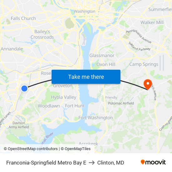 Franconia-Springfield Metro Bay E to Clinton, MD map