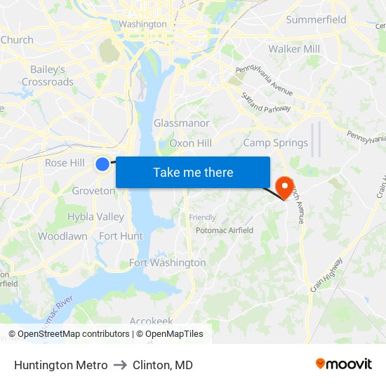 Huntington Metro to Clinton, MD map