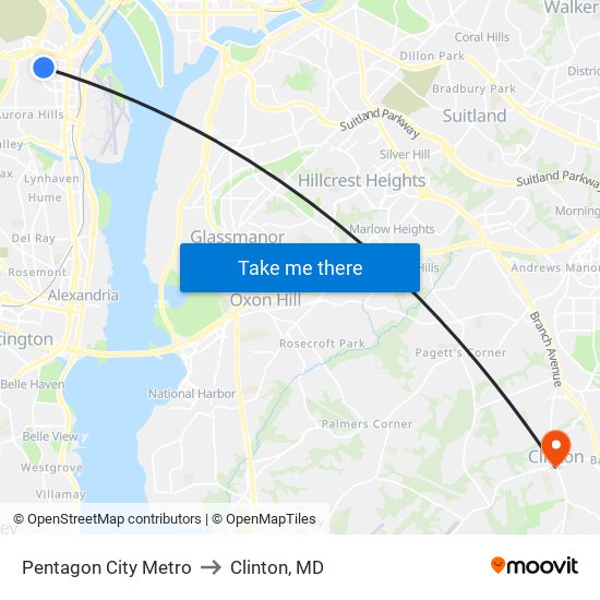 Pentagon City Metro to Clinton, MD map