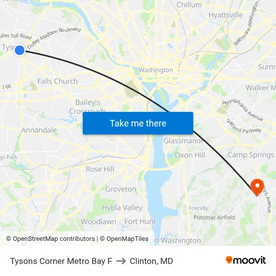 Tysons Corner Metro Bay F to Clinton, MD map
