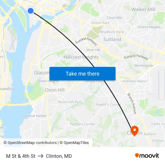 M St & 4th St to Clinton, MD map