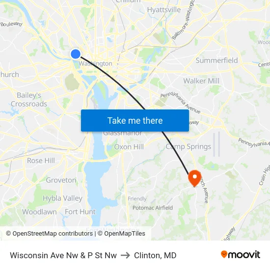 Wisconsin Ave Nw & P St Nw to Clinton, MD map