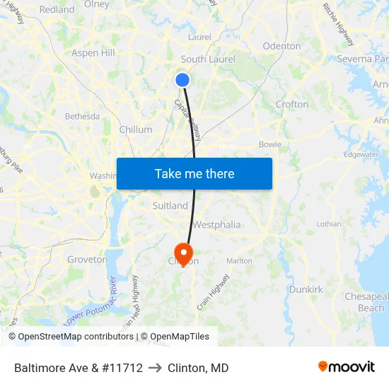 Baltimore Ave & #11712 to Clinton, MD map