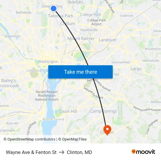 Wayne Ave & Fenton St to Clinton, MD map