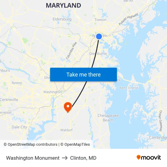 Washington Monument to Clinton, MD map