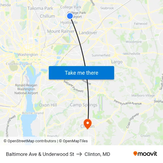 Baltimore Ave & Underwood St to Clinton, MD map