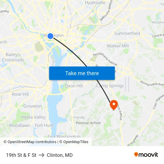 19th St & F St to Clinton, MD map