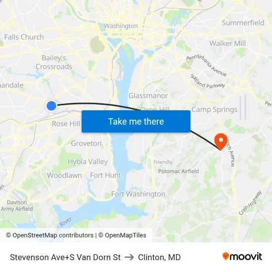 Stevenson Ave+S Van Dorn St to Clinton, MD map