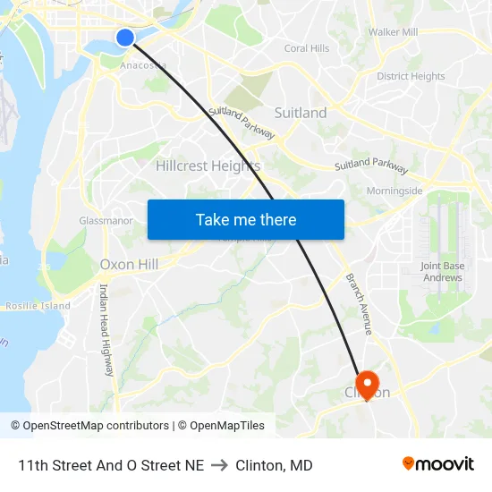 11th Street And O Street NE to Clinton, MD map