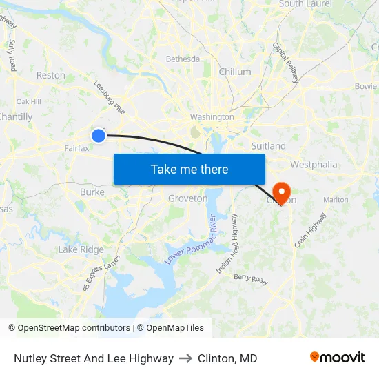 Nutley Street And Lee Highway to Clinton, MD map