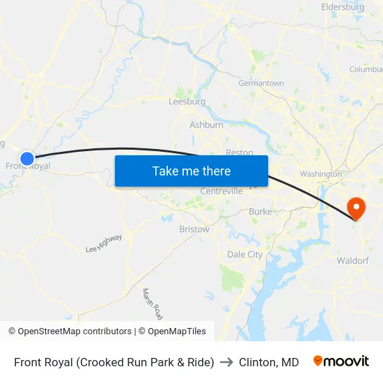 Front Royal (Crooked Run Park & Ride) to Clinton, MD map