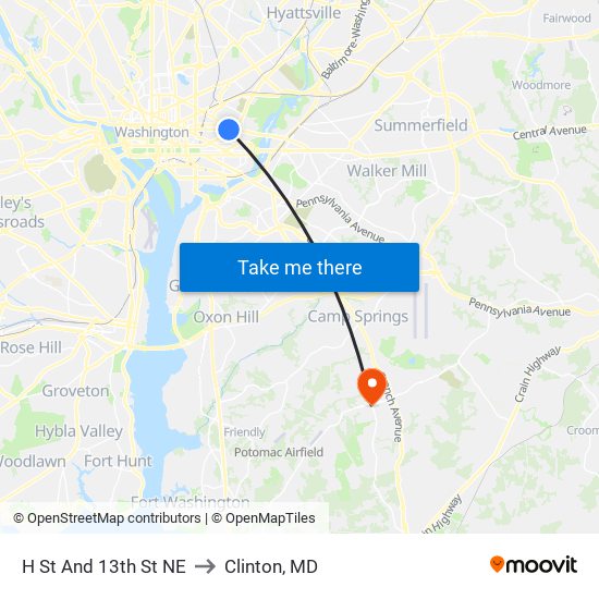 H St And 13th St NE to Clinton, MD map