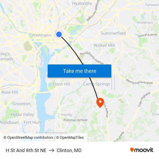 H St And 8th St NE to Clinton, MD map