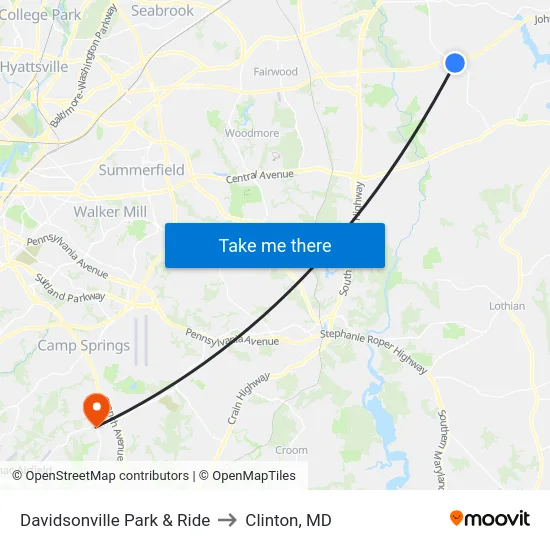 Davidsonville Park & Ride to Clinton, MD map