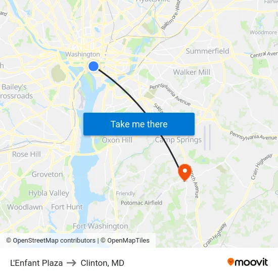 L'Enfant Plaza to Clinton, MD map