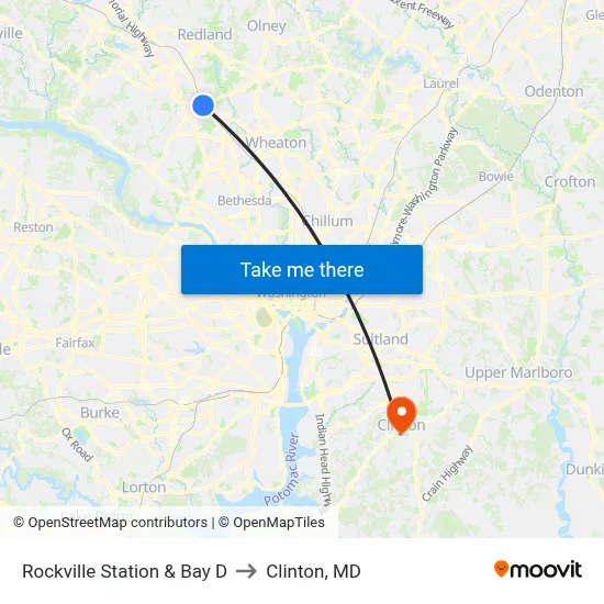 Rockville Station & Bay D to Clinton, MD map